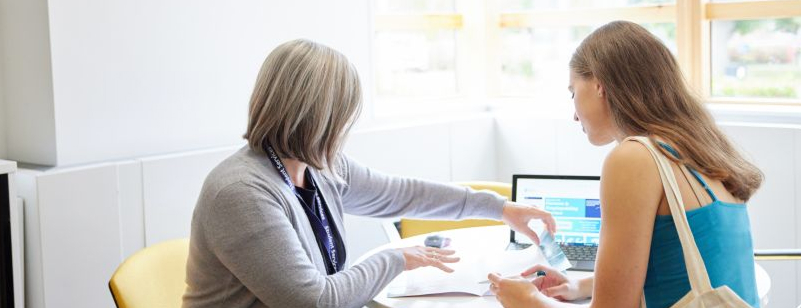 Student services advisor discussing career guidance with a student at a laptop